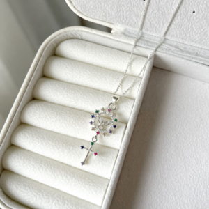 Colar de Prata Espírito Santo e Cruz com Zircônias Coloridas