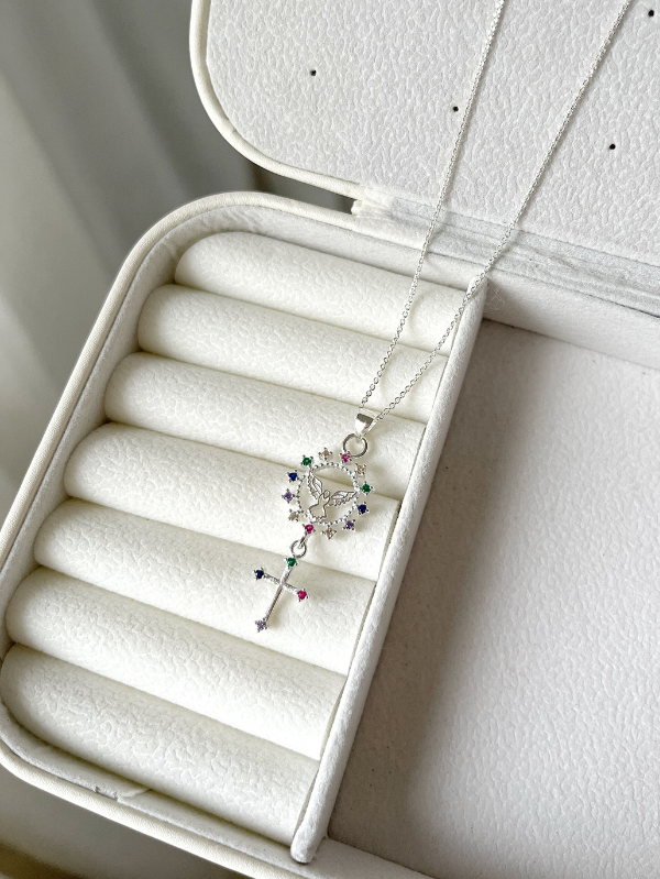 Colar de Prata Espírito Santo e Cruz com Zircônias Coloridas